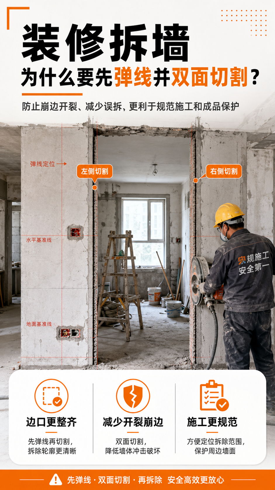 装修拆墙为什么要先弹线并双面切割？
